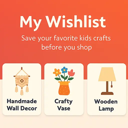 Wishlist hero image for FeelCrafty showing a heart icon and shopping list with saved craft, decor, and study items