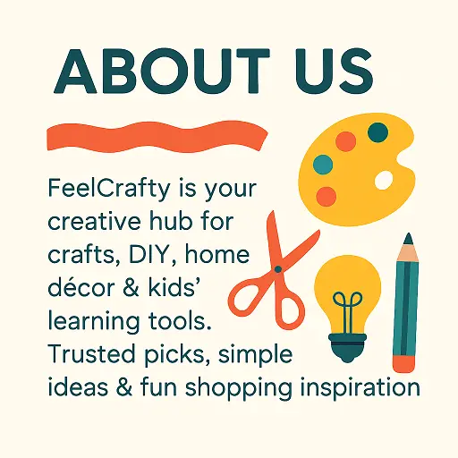 About Us hero image for FeelCrafty showing craft supplies, DIY tools, and home decor items in a colorful layout